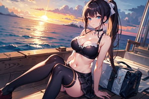 1girl, bag, black legwear, blurry, blurry solo, 1girl, sitting, long legs, striped panties, long ponytail, blue eyes, day, sky, navel, breasts, outdoors, sleeveless, cloud, pleated skirt, miniskirt, large breasts, cleavage, looking at viewer, bare shoulders, warship in the sea, black choker, ((orage hair)), long hair, Heavy cruiser, solo focus, (masterpiece, best quality:1.4), (beautiful detailed eyes), (highres:1.2), (ultra-detailed:1.2), (extremely detailed CG unity 8k wallpaper:1.2), (watercolor:0.9), (sketch1.2), (best shadow), soft lighting, HDR, (HD), (4k) outdoors, exceptional, sunbeam, (high quality, highres:1.2), scenery, tracing, shore, water, (arms behind back)