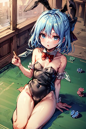 cirno, tanned cirno, casino, sitting, (masterpiece, best quality:1.4), (beautiful detailed eyes),  1girl, solo focus,  (masterpiece, best quality:1.4), (traditional media), (oil painting:0.9), (sketch:1.2), (extremely detailed CG unity 8k wallpaper:1.2), blue leotard, thighs, playboy bunny, bare shoulders, strapless, fake animal ears, rabbit ears, rabbit tail, bowtie, red bowtie, (highres, high quality:1.4), scenery, extremely detailed, intricate details, casino, indoors, best aesthetic, exceptional, blue eyes, blue hair, ice wings, small breasts, (HD), (4K)