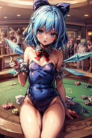 cirno, tanned cirno, casino, sitting, (masterpiece, best quality:1.4), (beautiful detailed eyes),  1girl, solo focus,  (masterpiece, best quality:1.4), (traditional media), (oil painting:0.9), (sketch:1.2), (extremely detailed CG unity 8k wallpaper:1.2), blue leotard, thighs, playboy bunny, bare shoulders, strapless, fake animal ears, rabbit ears, rabbit tail, bowtie, red bowtie, (highres, high quality:1.4), scenery, extremely detailed, intricate details, casino, indoors, best aesthetic, exceptional, blue eyes, blue hair, ice wings, small breasts 