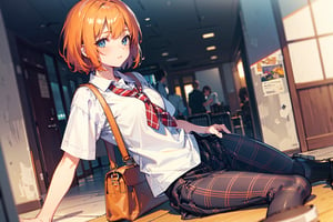 1girl, bag, black legwear, blurry, blurry background, blurry foreground, orange hair, checkered skirt, depth of field, grey skirt, handbag, motion blur, photo \(medium\), photo background, plaid, plaid pants, plaid skirt, school bag, school uniform, shirt, shoes, short hair, shoulder bag, skirt, sneakers, solo focus, (masterpiece, best quality:1.4), (beautiful detailed eyes),  (highres:1.2), (ultra-detailed:1.2), (extremely detailed CG unity 8k wallpaper:1.2), (watercolor:0.9), (sketch1.2), (best shadow), soft lighting, HDR, (HD), (4k) indoors, sitting, window, bob cut, exceptional, arm_support, arms_at_sides