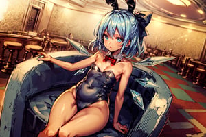 cirno, tanned cirno, casino, sitting, (masterpiece, best quality:1.4), (beautiful detailed eyes),  1girl, solo focus,  (masterpiece, best quality:1.4), (traditional media), (oil painting:0.9), (sketch:1.1), (extremely detailed CG unity 8k wallpaper:1.2), (blue leotard), thighs, playboy bunny, bare shoulders, strapless, fake animal ears, rabbit ears, rabbit tail, bowtie, red bowtie, (highres, high quality:1.4), scenery, extremely detailed, intricate details, casino, indoors, best aesthetic, exceptional, blue eyes, blue hair, ice wings, small breasts, (HD), (4K), dark-skinned_female, dark_skin
