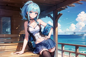 1girl, bag, black legwear, blurry, blurry solo, 1girl, sitting, long legs, striped panties, long ponytail blue hair, blue eyes, day, sky, navel, breasts, outdoors, sleeveless, cloud, pleated skirt, hand on hip, miniskirt, large breasts, cleavage, looking at viewer, bare shoulders, warship in the sea, black choker, orage hair, long hair, Heavy cruiser, solo focus, (masterpiece, best quality:1.4), (beautiful detailed eyes), (highres:1.2), (ultra-detailed:1.2), (extremely detailed CG unity 8k wallpaper:1.2), (watercolor:0.9), (sketch1.2), (best shadow), soft lighting, HDR, (HD), (4k) indoors, sitting, window, bob cut, exceptional, sunbeam, (high quality, highres:1.2), scenery, tracing