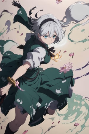 masterpiece, best quality, illustration, 1girl, solo, konpaku youmu, (white short hair), black hair band, sharp eyes, (vivid color), light, thick smoke:1.6, (floating white ink:1.8), Cyan flame, (beautiful and clear background:1.25), (depth of field:0.7), Dreamlike, (highres:1.2), (ultra-detailed:1.2), (extremely detailed CG unity 8k wallpaper:1.2), (traditional media), (sketch:1.1), finely detailed beautiful eyes and detailed face, Tachi, (flying petals:1.2), lotus, Swordfight, dynamic colors, colorful, dynamic pose, dynamic angle, ghost, Touhou, sword, holding sword, konpaku youmu, small breasts, (detailed eyes), cute, beauty, HDR, 4K, nier anime style, harmony, fighting stance