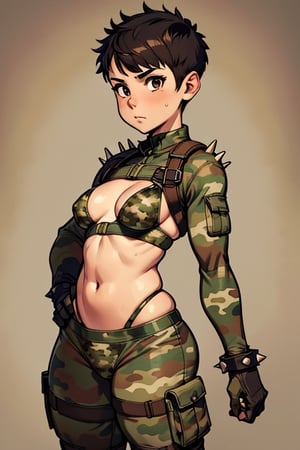 spiky bald hairstyle, short hair, skin, gloves, navel tight, micro brown camouflage bikini, female child, (( child front)), big hips breasts, front view focus, female_solo