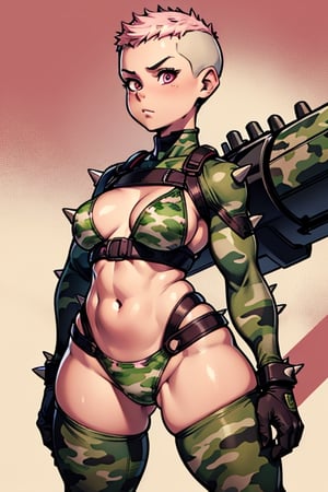 spiky bald hairstyle, short hair, skin, gloves, navel tight, micro pink camouflage bikini, female child, (( child front)), big hips breasts, front view focus, female_solo