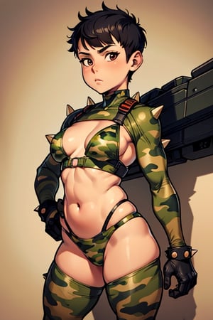 spiky bald hairstyle, short hair, skin, gloves, navel tight, micro orange camouflage bikini, female child, (( child front)), big hips breasts, front view focus, female_solo