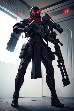 solo, red eyes, gloves, 1boy, holding, full body, weapon, girl focus, boots, indoors, holding weapon, armor, gun, glowing, helmet, holding gun, rifle, science fiction