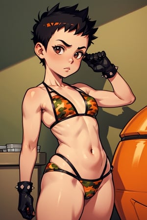 spiky bald hairstyle, short hair, skin, gloves, navel tight, micro orange camouflage bikini, female child, (( child front)), big hips breasts, front view focus, female_solo