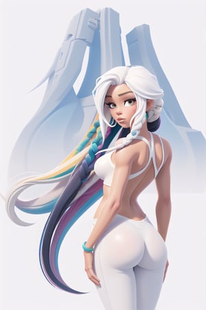 Hot woman, white background, ass, back, multicolored hair, very long hair, dread -style hair,no_humans,scenery,cartoon ,real