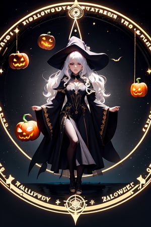 Halloween theme, beautiful and powerful witch standing on the river, big mystical tree, 1girl, witch, white hair, big colorful magic circle detailed background, magic, magic circle, cinmatic lighting