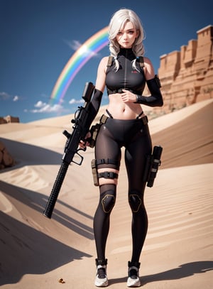 1 girl, FN SCAR weapon, full body, symmetrical face, perfect eyes, desert, long rainbow hair, mix of fantasy and realistic, war, bullets, ultra high resolution, 8k, HDr,art,High detailed