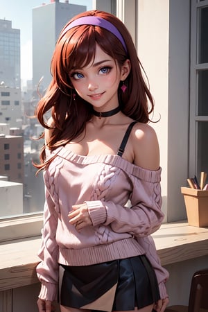 mabel pines, off-shoulder_sweater, 1 female, bare_shoulders, cable_knit, aran_sweater, pink_sweater, purple_sweater, standing, brown_hair, red_hairband, black_eyes, smile, very_long_hair, solo, hairband, heart_choker, purple_skirt, collarbone, cowboy_shot, bra_strap, ribbed_sweater, great artwork,