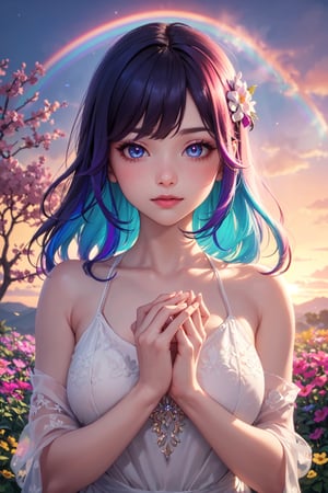 portrait of young woman with vibrant magenta hair and mesmerizing eyes, wearing a flowing dress made of petals, in a serene garden filled with blooming flowers, a representation of beauty and grace, charming, cute, beautiful, ultra detailed, dream like shot, 8k, sunset,((holographic))), (((rainbowish))),