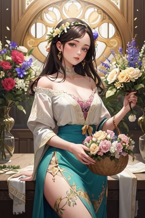 (masterpiece, best quality, highres:1.3), ultra resolution image, The painting showcases a woman in a flowing dress holding a bouquet of flowers and a basket of fruits. The artwork is done in the vibrant and colorful Alphonse Mucha style, with intricate patterns and floral motifs