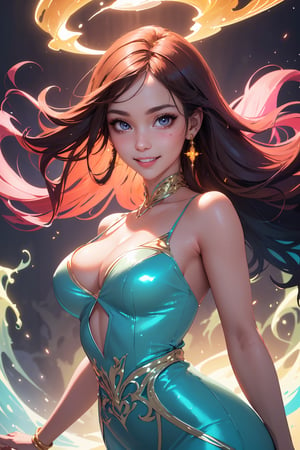 (ultra-detailed, highres, extremely quality, official art, beautiful and aesthetic:1.2), (shiny skin, shiny face), (happy, closed mouth:1.15), (1 female), fine art masterclass splash spray trickle daubs of iridescent opaline Prisma Sakuraoil color, (tight dress, alluring dress, cleavage, cut out cleavage:1.2), magical forest, magical lights, sparkling magical liquid, inspired by Glen Keane, inspired by Lois van Baarle, disney art style, by Lois van Baarle, glowing aura around her, by Glen Keane, jen bartel, glowing lights! digital painting, flowing glowing hair, glowing flowing hair, beautiful digital illustration, fantasia background, whimsical, magical, fantasy, liquid watercolor, perfect artwork, 