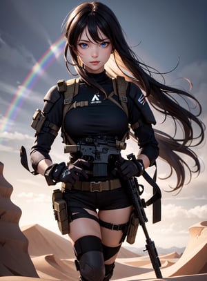 1 girl, FN SCAR weapon, full body, symmetrical face, perfect eyes, desert, long rainbow hair, mix of fantasy and realistic, war, bullets, ultra high resolution, 8k, HDr,art,High detailed