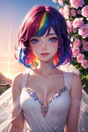 portrait of young woman with vibrant magenta hair and mesmerizing eyes, wearing a flowing dress made of petals, in a serene garden filled with blooming flowers, a representation of beauty and grace, charming, cute, beautiful, ultra detailed, dream like shot, 8k, sunset,((holographic))), (((rainbowish))),