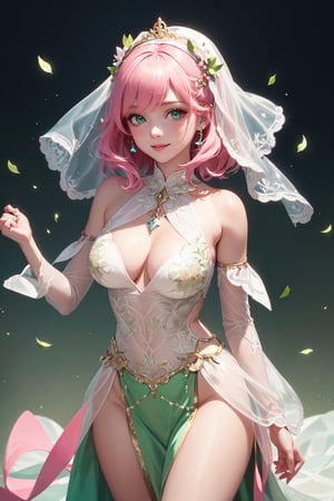 (Masterpiece, best quality), top quality, digital illustration, (8k), insanely detailed, (fodress), goldilocks hair, (see-through dress), leaf, veil, (hair ornament:1.2), iridescet, pink dress, hyperrealistic, film grain, detatched sleeves, dress, (pink hair:1.1), (evening gown), glitter, shimmer, (floral print:1.1), (perfect female figure:1.1), mature female, very long hair, glowing, 1girl, see-through, smile, (detailed face, detailed eyes:1.2), looking at viewer, (deep depth of field:1.2), sharp focus, dyamic osture, dancing, cowboy shot, (intricate details:1.2), dynamic, graphite (medium, gradient dress, (pink and green theme:1.2), black trim, beautiful, stylish, white trim, (extremely detailed), volumetric lighting, yuzu,FFIXBG,coralinefilm,stop motion