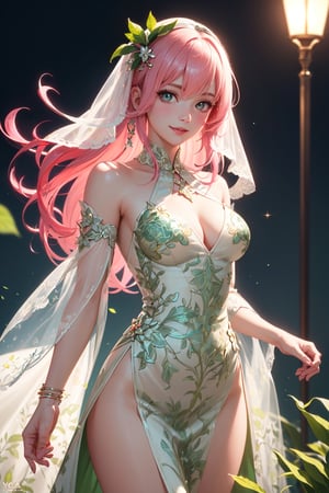 (Masterpiece, best quality), top quality, digital illustration, (8k), insanely detailed, (fodress), goldilocks hair, (see-through dress), leaf, veil, (hair ornament:1.2), iridescet, pink dress, hyperrealistic, film grain, detatched sleeves, dress, (pink hair:1.1), (evening gown), glitter, shimmer, (floral print:1.1), (perfect female figure:1.1), mature female, very long hair, glowing, 1girl, see-through, smile, (detailed face, detailed eyes:1.2), looking at viewer, (deep depth of field:1.2), sharp focus, dyamic osture, dancing, cowboy shot, (intricate details:1.2), dynamic, graphite (medium, gradient dress, (pink and green theme:1.2), black trim, beautiful, stylish, white trim, (extremely detailed), volumetric lighting, yuzu,FFIXBG,coralinefilm,stop motion