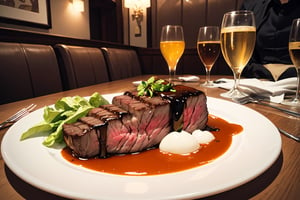 Very realistic photo, steak and fork and knife on a table in a luxury restaurant, close-up, great artwork