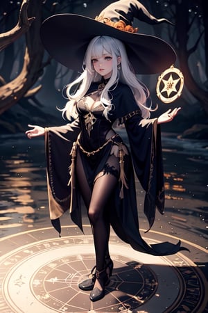 Halloween theme, beautiful and powerful witch standing on the river, big mystical tree, 1girl, witch, white hair, big colorful magic circle detailed background, magic, magic circle, cinmatic lighting