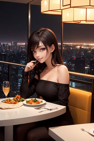 Perfectly beautiful woman having dinner with a night view in a restaurant in a skyscraper, amazing artwork,