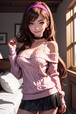 mabel pines, off-shoulder_sweater, 1 female, bare_shoulders, cable_knit, aran_sweater, pink_sweater, purple_sweater, standing, brown_hair, red_hairband, black_eyes, smile, very_long_hair, solo, hairband, heart_choker, purple_skirt, collarbone, cowboy_shot, bra_strap, ribbed_sweater, great artwork,