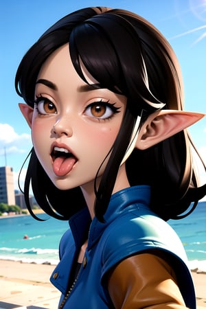 centered, 3d, 3d model, n64style, ocarinaoftime, majorasmask, award winning face portrait, focused face, masterpiece, | black hair color, brown eyes, blush, happy, sticking her tongue out, open mouth, tongue out, teeth, open mouth, tongue out, tongue, teeth, tight blue jean, open leather jacket, | city, sea, bokeh, blurred background, depth of field, 
