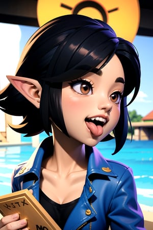 centered, 3d, 3d model, n64style, ocarinaoftime, majorasmask, award winning face portrait, focused face, masterpiece, | black hair color, brown eyes, blush, happy, sticking her tongue out, open mouth, tongue out, teeth, open mouth, tongue out, tongue, teeth, tight blue jean, open leather jacket, | city, sea, bokeh, blurred background, depth of field, 
