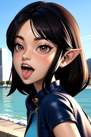 centered, 3d, 3d model, n64style, ocarinaoftime, majorasmask, award winning face portrait, focused face, masterpiece, | black hair color, brown eyes, blush, happy, sticking her tongue out, open mouth, tongue out, teeth, open mouth, tongue out, tongue, teeth, tight blue jean, open leather jacket, | city, sea, bokeh, blurred background, depth of field, 
