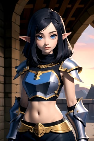 (detailed face:1.2), (looking at viewer:1.2), centered, (upper body), photography of a 22yo woman, masterpiece, | (beautiful detailed eyes:1.2), black hair color, dark armored top, metal pauldrons, navel, midriff, wide hips, lowleg armored pants, | sunset, bokeh, depth of field, | fantasy world, medieval, fantasy town, n64style, ocarinaoftime,