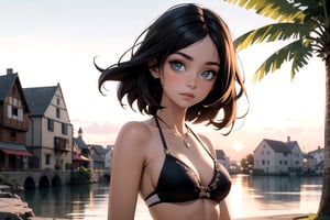 (detailed face:1.2), (looking at viewer:1.2), centered, (upper body), photography of a 22yo woman, masterpiece, | (beautiful detailed eyes:1.2), black hair color, bikini, navel, midriff, wide hips, | sunset, bokeh, depth of field, | fantasy world, medieval, fantasy town, 