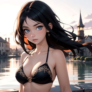 (detailed face:1.2), (looking at viewer:1.2), centered, (upper body), photography of a 22yo woman, masterpiece, | (beautiful detailed eyes:1.2), black hair color, bikini, navel, midriff, wide hips, | sunset, bokeh, depth of field, | fantasy world, medieval, fantasy town, 