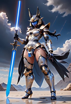 an attractive woman, (back view:1.6), (big butt:1.6), golden thong underwear, (solo:1.6), full body, (head of the Egyptian god Anubis:1.6), focus on butt, bare belly, navel, ((blue skin:1.6)), large chest, golden armor under chest, golden bracelet, golden anklet, barefoot, lightsaber, bare thighs, talking to warrior, looking into warrior's eyes, solo warrior wearing silver armor, big butt, fighting, legs spread, one hand picking up a shiny object, one hand holding a lightsaber, best image, clear image, looking at an object on the ground, expression of power, lightning, clouds, mountains, pyramids, 8k, lens 50mm, cinematic
