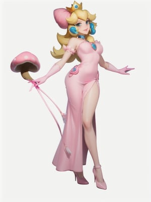 baby face, highres, masterpiece, perfect ligthing, bloom, cinematic lighting, perfect skin, female, ((long shot)), graceful, Wide-Legged Seated, Forward Bend, smile, narrow waist, skinny, soap bubbles with mushrooms inside, , (PrincessPeach), (Princess Peach), (Pink dress:1.6), choker, detailled eyes, blue eyes, choker, princess crown, mushroom garden, pink lips, ((glossy lips)), pumps, glossy skin, oily skin, beautiful light, (day:1.3), bright,