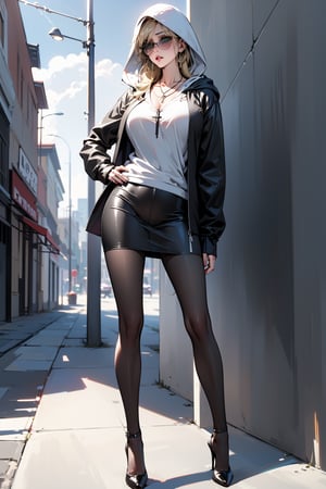 ((High Resolution)), ((High Detail)), ((black pantyhose:1)), Photo Realistic, (Masterpiece, Best Quality),  taylor momsen, long blonde hair, green eyes, ((white hooded sweatshirt)), ((black leather skirt)), beguiling, High quality, large breasts, long legs, silver hoop earrings, cross necklace, sunglasses, high heels, full_body 