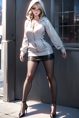 ((High Resolution)), ((High Detail)), ((black pantyhose:1)), Photo Realistic, (Masterpiece, Best Quality),  taylor momsen, long blonde hair, green eyes, ((white hooded sweatshirt)), ((black leather skirt)), beguiling, High quality, large breasts, long legs, silver hoop earrings, cross necklace, sunglasses, high heels, full_body 