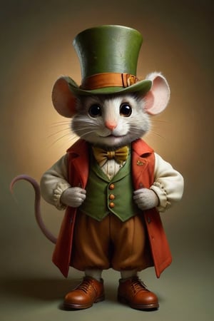 Create an image of an anthropomorphic mouse character wearing sophisticated attire including a green top hat with planetary rings, round glasses, an orange vest over a white shirt paired with a dark red coat adorned with gold buttons, olive green pants supported by suspenders, and large brown shoes. The character should have white hair on the sides of its head indicating age or wisdom. Place this whimsical figure against a warm-toned background that transitions from darker edges to lighter around the figure itself for dramatic effect.
