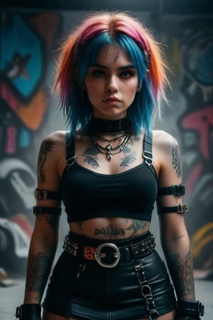 A young woman with a futuristic punk style is standing confidently against a light background. She has long, loose hair with colorful streaks in blue, pink, and orange. She is wearing a black crop top adorned with buckles and straps, and a short skirt with a chaotic pattern of vibrant colors and shapes. She accessorizes with a black studded choker, fingerless black gloves, and a black studded belt. Her arms and torso are covered in various tattoos. She stands with a confident and defiant expression, looking straight ahead.
