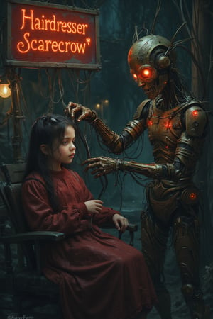 "A hairdresser robot scarecrow cutting a young girl's hair, in a dark environment with maroon and olive green colors.", In the background a sign with the ((("Hairdresser Scarecrow*" logo)))

"style": "Dark and gloomy style",
"technique": "Use of expressive and dynamic brush strokes, with a focus on texture and lighting.",
"colors": "Maroon and olive green colors, with a color palette: Maroon, Olive Green, Dark Blue, Black",
"details": "The hairdresser robot scarecrow has a mechanical and robotic appearance, with lights and screens flashing on its body. The young girl has an expression of anxiety and fear, while the hairdresser robot scarecrow has an expression of concentration and precision. The atmosphere is sombre and dark, with shadows creating an effect of mystery and tension.",
"lighting": "The lighting is dramatic and expressive, with lights and shadows highlighting the figure of the scarecrow hairdressing robot and the gloomy atmosphere. The maroon and olive green colours create an effect of complementarity and harmony."