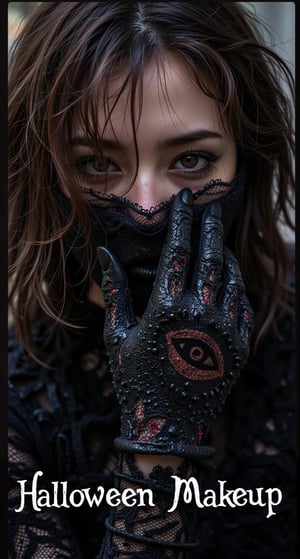 A person with disheveled hair and a partially obscured face, wearing a black, lace-like garment and a black, glossy glove with intricate designs, including an eye motif. The text "Halloween Makeup" is visible at the bottom of the image.