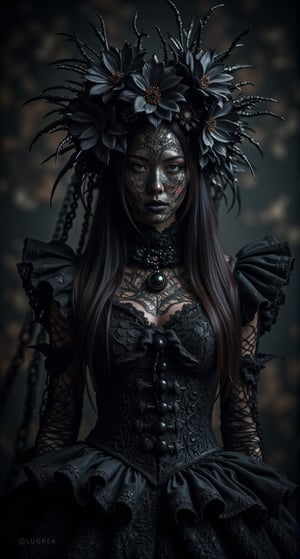 Create an image of a person wearing an elaborate black outfit with intricate lace and ruffle details, long dark hair, and a headpiece featuring dark flowers and spiky elements, set against a dark, blurred background focusing attention on the detailed attire and accessories. The face of the person is blurred out.