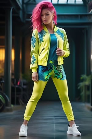 Create an image of a character with vibrant pink hair in a dynamic pose, wearing an intricately designed greenish-yellow jacket with blue accents and black lace leggings. The background should be dark with abstract green elements that give off an otherworldly vibe.
