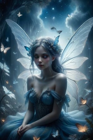 Create an ethereal scene featuring a fairy with delicate wings sitting amidst soft cloud-like formations under a starry sky. Include numerous small butterflies fluttering around the fairy. The color scheme should consist of cool blues and grays with subtle warm highlights for depth. The fairy's attire should resemble natural elements like leaves and fur, enhancing the mystical atmosphere of the artwork.
