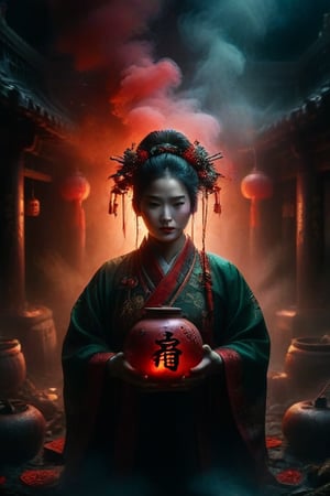 Create an image featuring a character in traditional East Asian attire holding an intricately designed red and black object emitting smoke against a dark backdrop illuminated by glowing red orbs. Include detailed branches entwined around the character's head and green pots or containers at the bottom of the frame, all adorned with Chinese characters. Emphasize rich, vibrant colors with strong contrasts to highlight the mystical atmosphere of the scene.
