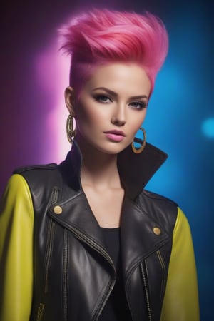 Create an image featuring a figure from behind with dynamic pink hair infused with streaks of yellow and blue against a vivid bokeh background in shades of neon blue and pink, suggesting an urban nightlife scene. The figure should wear a detailed black leather jacket, capturing the texture and stitching, complemented by metallic cylindrical earrings that catch light subtly.
