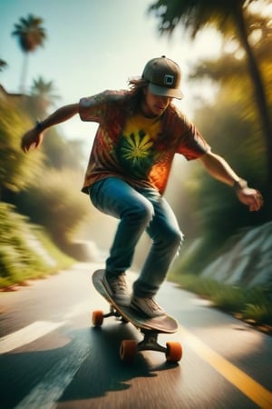 Create an image of a person skateboarding dynamically down a street, wearing vibrant clothing with floral patterns in yellow, green, and red on their shirt and blue jeans. Include details such as the skateboard's yellow deck with red wheels against an impressionistic background that conveys speed through streaks of white and brown. Add elements that suggest movement like blurred trees or foliage in shades of green and brown to enhance the sense of motion.
