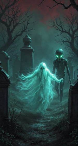 A translucent, fearful ghost glides quickly between the tombstones of a dark and gloomy cemetery, pursued by a menacing-looking alien with glowing eyes. The atmosphere is eerie, shrouded in dense fog and deep shadows covering the ground, with weathered tombstones and dead trees in the background. The scene uses a triad of colors in harmony: maroon tones in the sky, dark greens in the alien, and soft blue in the ghost, creating an eerie contrast. The lighting is dim and cold, highlighting the ghost's supernatural details and the alien's creepy appearance amidst the gloomy atmosphere of the cemetery.