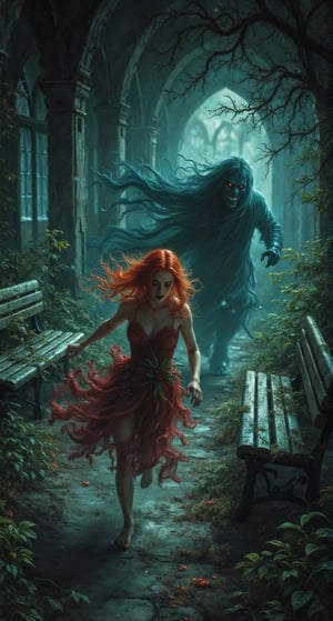 A young red-haired woman dressed as a nymph, with a flowing dress and natural details such as leaves and flowers, runs scared through an old, dark, abandoned train station. An evil ghost chases her, with a menacing expression and shadows stretching behind him. The environment is gloomy and sombre, with flickering lights and old benches creating an eerie atmosphere. The image uses a triad of colours in harmony: maroon on the nymph's dress, dark green tones on the natural elements and deep blue on the ghost, all contrasting with the gloomy surroundings of the train station. A dim, cold light highlights the frightening details, creating a scene full of mystery and tension.