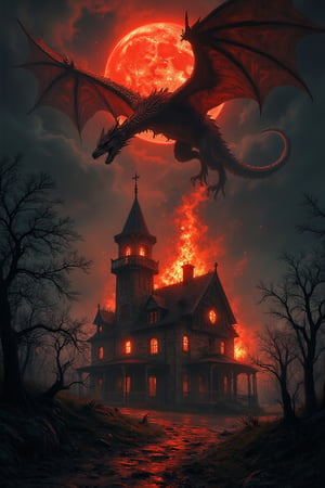 The image depicts a haunted house as the central focus, set in a dark and foreboding environment. The house is ancient, with crumbling walls and gothic architecture, surrounded by dead trees and mist. Above, an apocalyptic red moon casts an eerie glow over the scene. A massive, menacing dragon flies overhead, spewing fire towards the house, lighting up the night sky. The dragon's flames illuminate the surroundings with intense reds and oranges, adding to the terrifying atmosphere. Shadows dance across the ground as the fire spreads, and the overall lighting enhances the dramatic and ominous setting. The color palette is dominated by dark blacks, fiery reds, and glowing oranges, creating a vivid contrast between the haunted house and the destructive power of the dragon.
